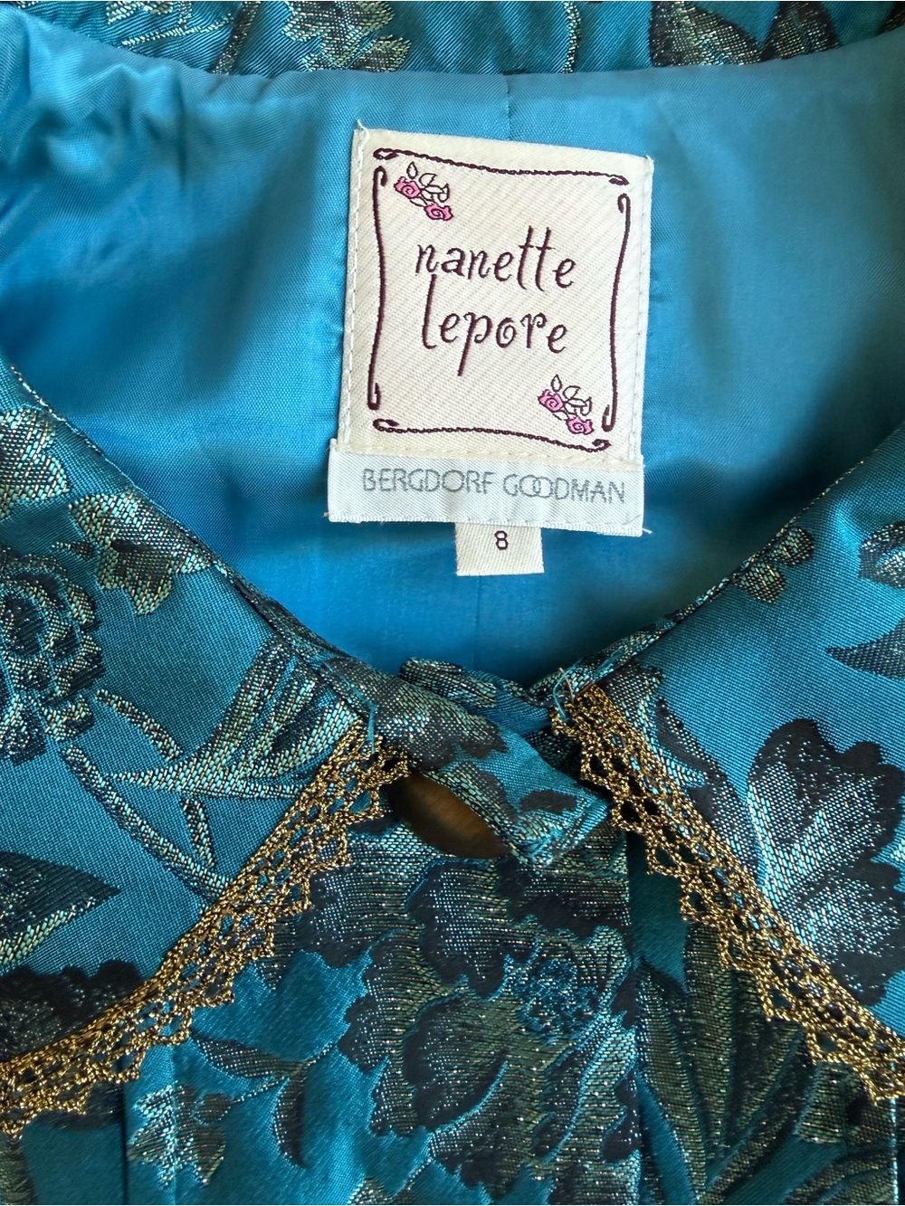 NWT Nanette Lepore Bergdorf Goodman Turquoise Brocade Peplum Jacket Size 8 - Picture 6 of 11